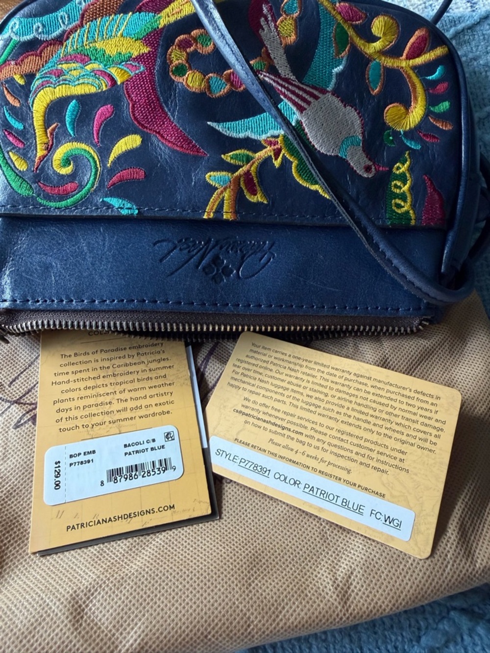 Patricia Nash Dark Blue Crossbody Bag with Multicolor Embroidered Bird - Picture 4 of 5
